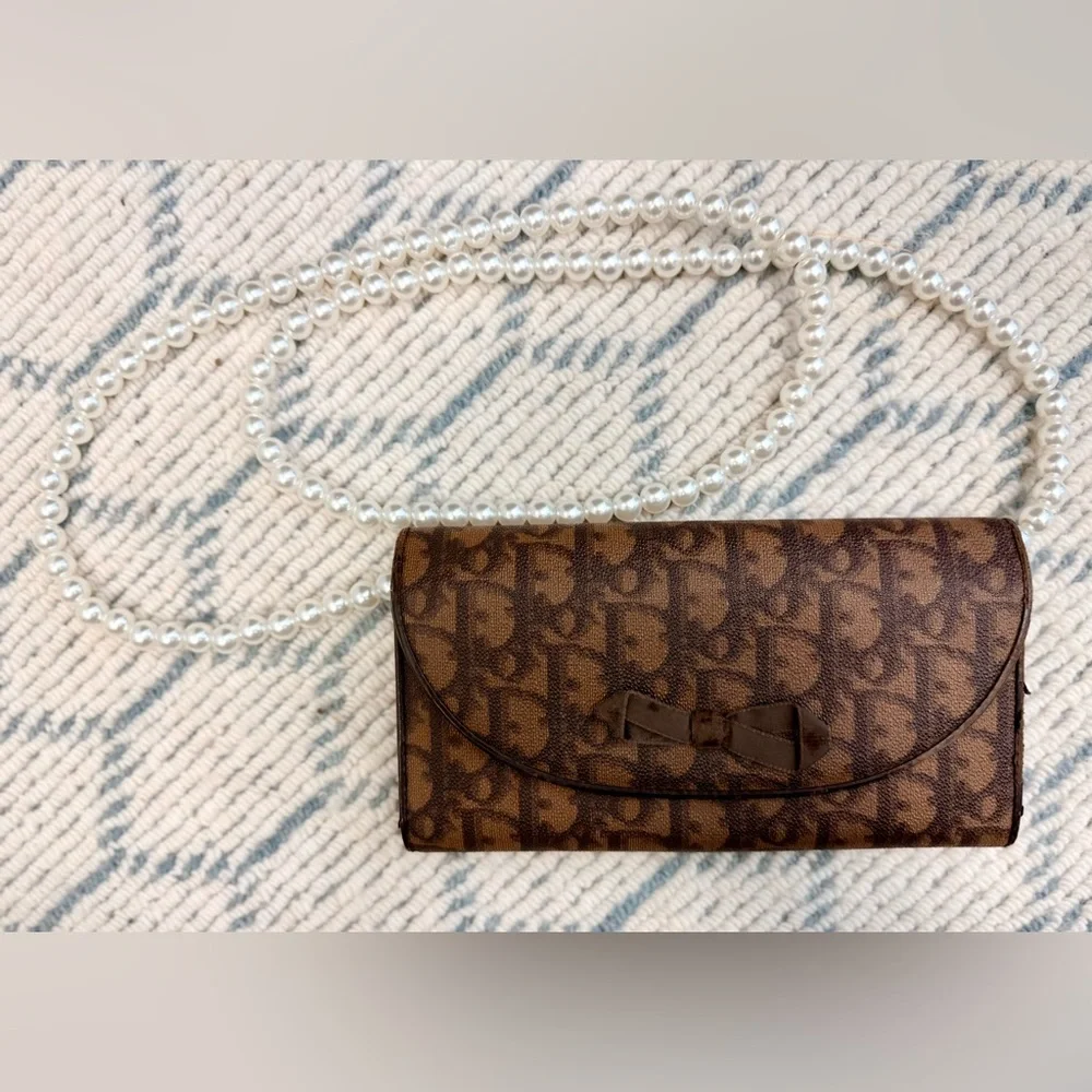 DIOR Vintage Y2K Romantique Brown Diorissimo Ribbon Canvas Leather W/ Crossbody
